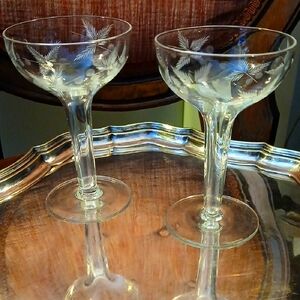 Elegant 1930s Etched Glass, Hollow Stem Champagne Coupes (2)